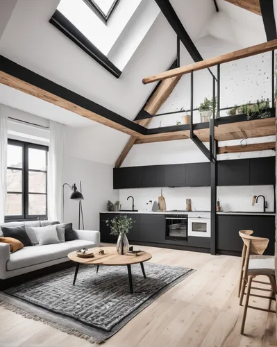 A Lithuanian Loft Interior With A Monochrome And Wood,loft,wooden beams,scandinavian style,modern decor,home interior,shared apartment,frame house,danish house,contemporary decor,sky apartment,attic,m