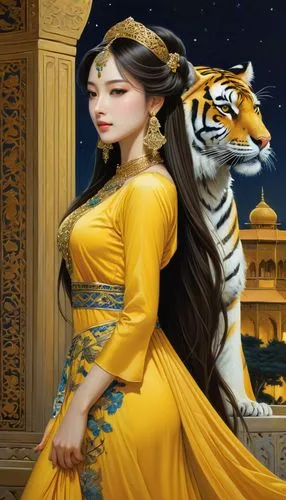 night, beautiful long hair, with jewelry, yellow dress of an Arabian princess, a huge tiger nearby, an Arabian palace,a girl with long hair in yellow and wearing a tiger costume,oriental princess,sund