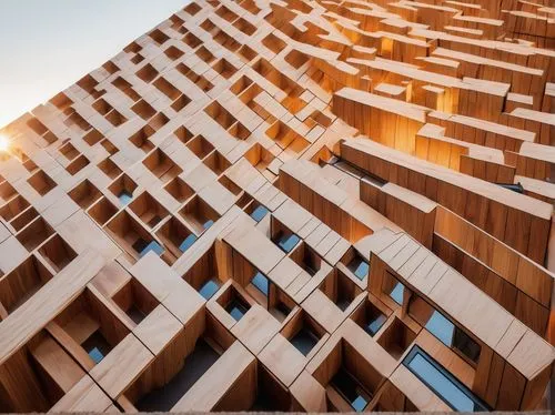 Wooden blocks building, modern architecture, minimalist design, cube-shaped structure, wooden texture, natural material, geometric pattern, abstract composition, low-angle shot, warm lighting, morning