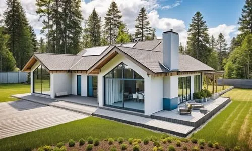 Modern house in American style. There is a mixed forest around. There is a lawn in front of the house.,a house sitting on top of a lush green field,inverted cottage,grass roof,electrohome,modern house