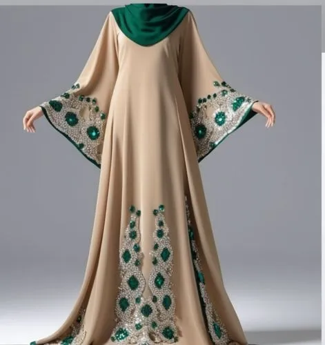 3d fashion drawing for Muslim hijab with 4k with loose design with sequin with suede with dark green ,a woman wearing an evening dress with green accents,abayas,tahiliani,caftan,abaya,poiret,kaftan,Ph