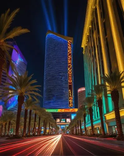 Neon-lit skyscraper, luxurious casino hotel, Las Vegas strip, night scene, vibrant colors, futuristic architectural design, sleek lines, grand entrance, massive LED signage, 3D billboard, flashing adv