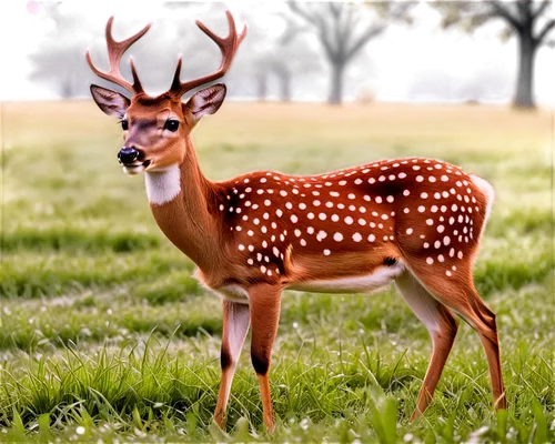 Deer, white spots, brown fur, big eyes, open mouth, sharp teeth, alert ears, slender legs, green grass, morning dew, soft sunlight, 3/4 composition, shallow depth of field, warm color tone, cinematic 