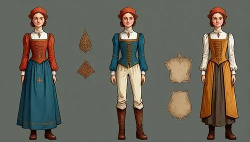 front-facing Paper doll medieval noble women in white blouse ,grey medieval tight legging with brown boot standing with a set of elegant medieval noble dress full color colorful medieval fashion medie