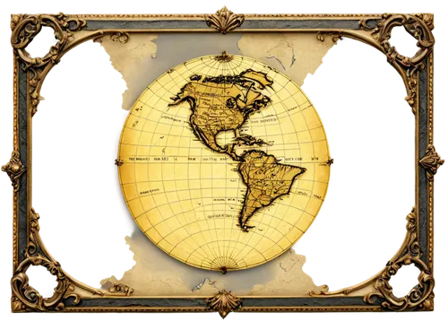 Old world map, vintage style, yellowed parchment, ornate frame, golden decorations, 3D raised relief, mountains, oceans, continents, country borders, latitude and longitude lines, soft warm lighting, 