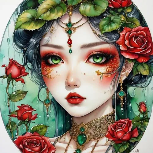 oriental princess,fantasy portrait,geisha girl,porcelain rose,oriental girl,rose flower illustration,green rose hips,geisha,jasmine blossom,chinese art,rose hips,flower fairy,queen of hearts,wild roses,rosehips,rosa 'the fairy,girl in flowers,faery,flora,rose wreath,Illustration,Abstract Fantasy,Abstract Fantasy 10