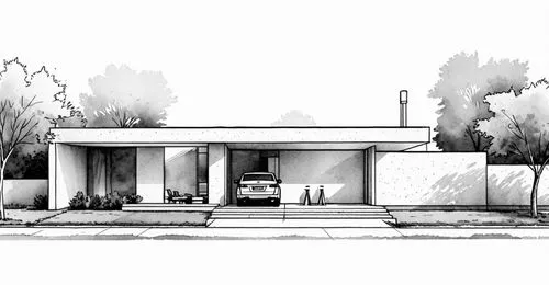 Una casa moderna de un solo nivel, con un diseño minimalista de líneas rectas y una fachada de concreto. Frente a la casa hay un automóvil blanco estacionado en un camino de entrada y dos bicicletas a