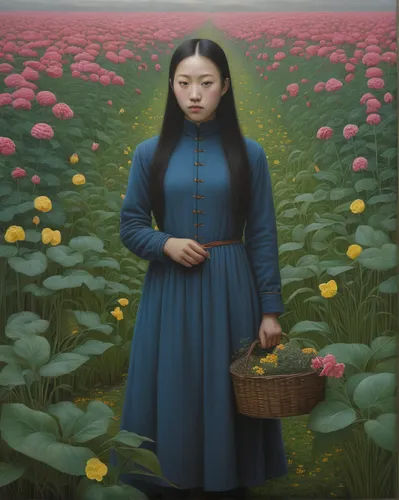 Hao Hao: Imagine a serene garden and describe the beautiful flowers it contains.,girl picking flowers,girl in flowers,han thom,lily of the field,dongfang meiren,potato blossoms,girl in the garden,fiel