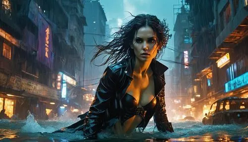 deluge,cortana,walking in the rain,cyberpunk,wet girl,wet,in the rain,monsoon,flooded pathway,sci fiction illustration,splashing,wet smartphone,rainfall,drenched,rainstorm,blue rain,bladerunner,girl on the river,heavy rain,downpour,Photography,Artistic Photography,Artistic Photography 01