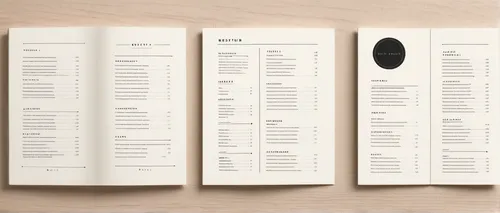 Design a modern restaurant menu with a minimalist style.,text dividers,page dividers,bookmarker,bookmark,book pages,address book,todo-lists,recipe book,directory,open notebook,curriculum vitae,brochur