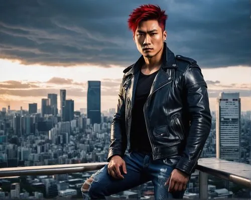 Red Rising Cassius, handsome muscular man, 30yo, short red spiky hair, sharp facial features, intense gaze, silver earrings, black leather jacket, white shirt, dark blue ripped jeans, heavy combat boo