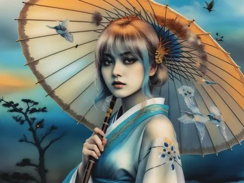 the  in the traditional japanese dress has an umbrella,kuanyin,yuanji,japanese art,geisha girl,geisha,amaterasu,Illustration,Japanese style,Japanese Style 09