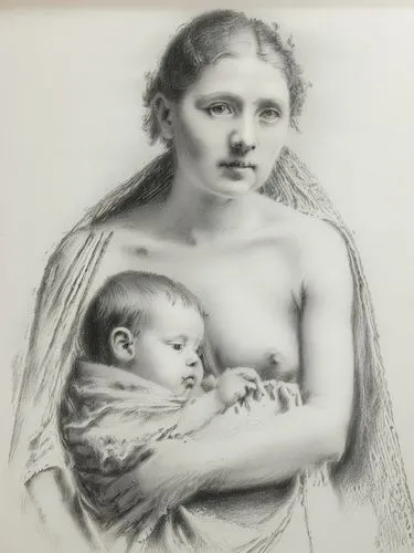 白色背景,a woman is holding a baby in her arms,mother and infant,maternal,little girl and mother,mother with children,disegno,silverpoint,Illustration,Black and White,Black and White 35