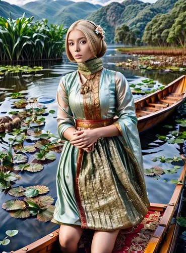 girl on the river,amazonica,the blonde in the river,girl on the boat,lotus on pond,girl in the garden,ophelia,female doll,lilly pond,rowing dolle,kantele,kupala,dulcimer,perched on a log,ninfa,coracle,water lily,girl with bread-and-butter,yasumasa,painter doll