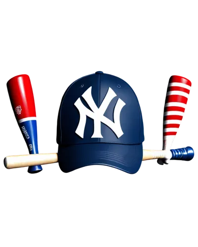 New York Yankees logo, blue baseball cap, white baseball bat, interlocking NY letters, red and white stripes, metallic silver outline, detailed texture, 3D emblem, slight shadow, soft focus, warm ligh