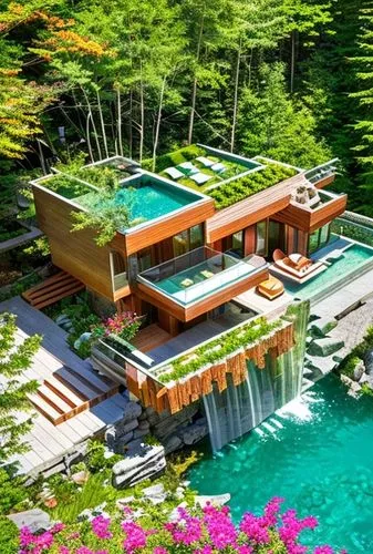 Create a vivid image depicting a modern house exuding a harmonious blend of wood and stone elements. The house is positioned gracefully on the serene banks of a river or lake, offering breathtaking vi