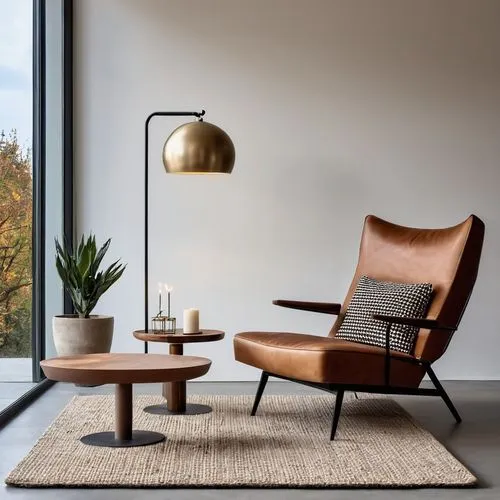 un interno rilassante, un angolo relax con legno e piante, dai colori caldi e accoglienti che evocano relax in un fine settimana d'autunno
,a modern living room with a couch, table and chairs,vitra,mi