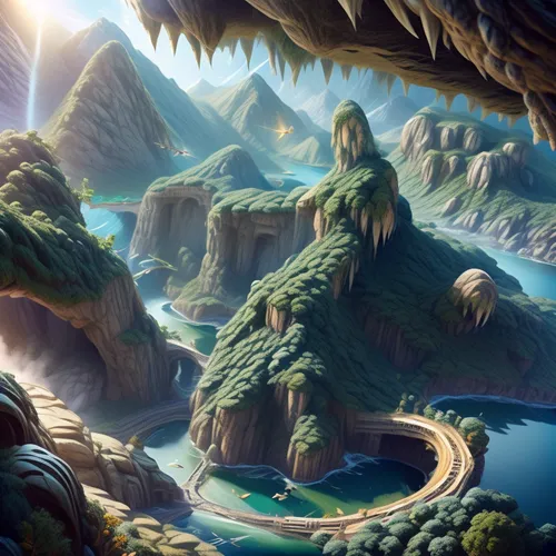 fantasy landscape,mushroom landscape,an island far away landscape,karst landscape,mountainous landforms,mushroom island,futuristic landscape,terraforming,aeolian landform,floating islands,mountainous landscape,3d fantasy,mountain world,fractal environment,landform,underwater landscape,fantasy picture,coastal and oceanic landforms,cartoon video game background,virtual landscape