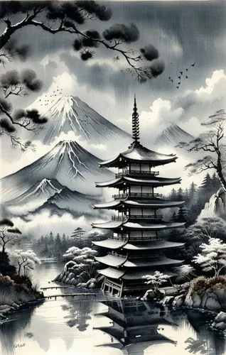 japanese art,oriental painting,cool woodblock images,masashige,chiyonofuji,japan landscape,Illustration,Paper based,Paper Based 30