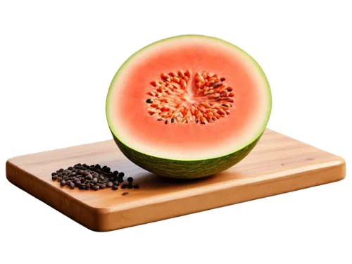 Ripe melon, half-cut, juicy flesh, green rind, seeds visible, wooden cutting board, shallow depth of field, warm lighting, 3/4 composition, close-up shot, soft focus, vibrant color tone.,muskmelon,mel