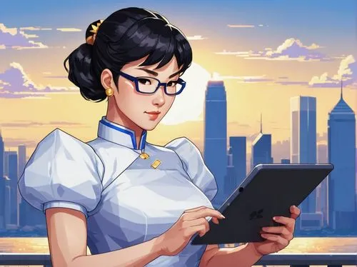 Creator Chun Li, Asian woman, 30s, beautiful detailed face, short black hair, gentle smile, glasses, elegant white blouse, black pencil skirt, high heels, holding a tablet and stylus, standing in fron