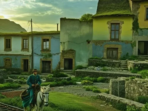 صد سال بعد این غکس,a man is riding a horse in front of a village,dordogne,auvers,aubonne,puy du fou,knight village,orgueil,Photography,General,Realistic