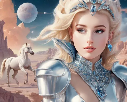 blonde, gorgeous, fantasy picture of an elegant super feminine princess in an alien countryside with a vignette of her white horse in the sky. The princess wears a futuristic dress decorated with glas