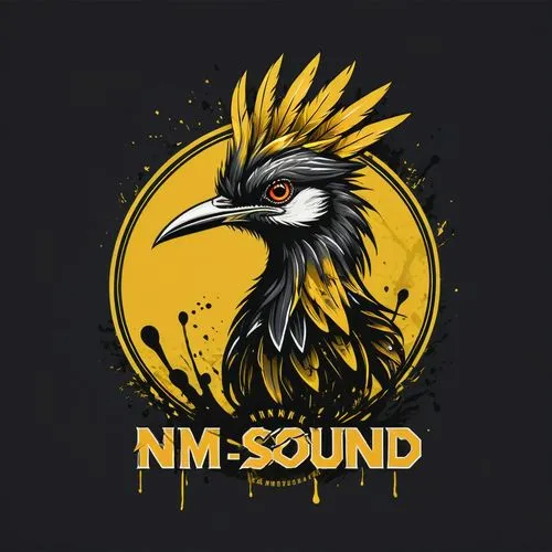 A punk logo for a sound company called NM Sound, featuring a ink roadrunner, yellow and gold.,an art work of a black bird with a yellow circle behind it and the words nm sound written below it,northso