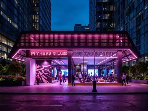 Neon-lit futuristic fitness club facade, metallic mesh exterior, LED light strips, angular lines, minimalist design, cantilevered rooflines, floor-to-ceiling windows, mirrored glass surfaces, high-tec