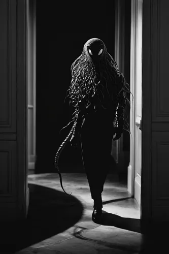 wraith,voodoo woman,woman silhouette,strozzapreti,medusa,medusa gorgon,dark gothic mood,tendrils,mouse silhouette,girl walking away,sleepwalker,dark art,dance of death,coil,scary woman,the witch,mop,leash,woman walking,female silhouette,Photography,Black and white photography,Black and White Photography 06