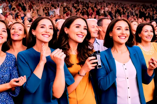 Excited clapping crowd, many people, joyful faces, various ages, casual clothing, some holding cameras, others with drinks, stadium seating, evening atmosphere, soft focus background, sharp subject, w