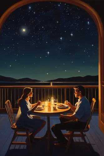 romantic dinner,romantic night,dinner for two,romantic scene,romantic meeting,outdoor dining,diner,dining,astronomers,stargazing,honeymoon,dining table,outdoor table,date,drive in restaurant,romantic,date night,picnic table,fine dining restaurant,sci fiction illustration,Conceptual Art,Daily,Daily 12