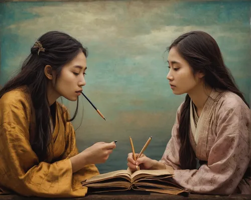 chinese art,the listening,two girls,korean culture,children studying,painting technique,oriental painting,tutor,meticulous painting,oil painting on canvas,japanese art,art painting,luo han guo,young women,oil painting,girl studying,young couple,ikebana,shirakami-sanchi,artists,Photography,Artistic Photography,Artistic Photography 14