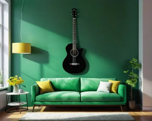 painted guitar,acoustic-electric guitar,classical guitar,concert guitar,acoustic guitar,epiphone,guitar,green living,guitar easel,stringed instrument,guitar accessory,electric guitar,music instruments,interior decoration,green wallpaper,sofa cushions,modern decor,wall sticker,musical instrument accessory,chaise longue,Conceptual Art,Fantasy,Fantasy 03