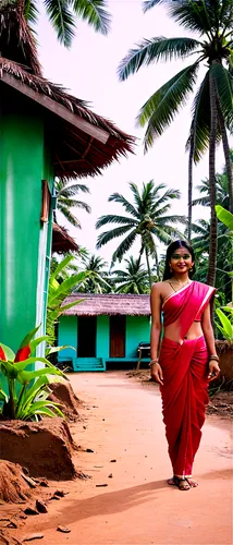 Bengali village scene, rural area, thatched roof huts, mud walls, wooden doors, straw mats, bamboo fences, lush green trees, coconut trees, banana plants, villagers in traditional clothes, saris, dhot