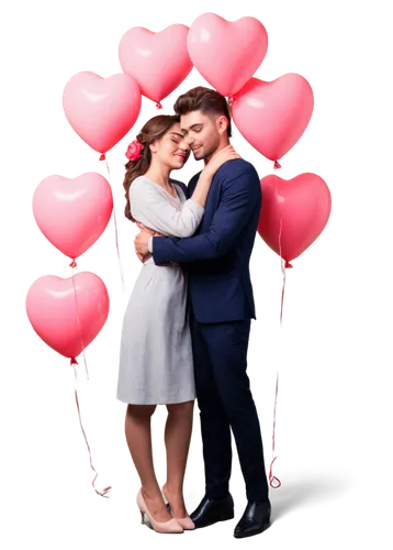 Valentine's Day theme, cute couple, embracing, love hearts surrounding, pink balloons, red roses, sweet facial expressions, soft focus, warm lighting, pastel colors, romantic atmosphere, 3/4 compositi