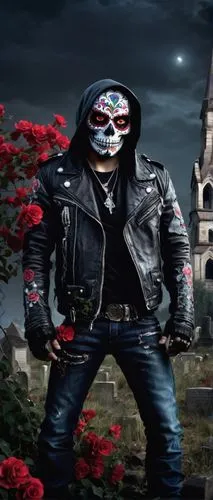 "Tough, bold, mysterious, gothic, sugar skull, decorated with colorful flowers, vines, and spider webs, glowing red eyes, metallic silver teeth, bandana, leather jacket, ripped denim jeans, heavy comb