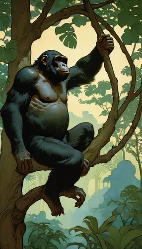 gorilla,primate,tarzan,tree sloth,ape,king kong,great apes,monkey island,silverback,bonobo,primates,he is climbing up a tree,kong,chimpanzee,chimp,common chimpanzee,orangutan,cercopithecus neglectus,the monkey,tree man,Illustration,Retro,Retro 03