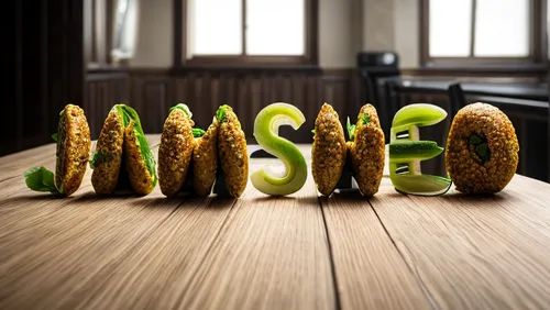 kiwifruit,relish,mash,rissole,wasabi,miso,mushola,pesto,shish kebab,avo,kiwis,alphabet pasta,hash,osmo,typography,mussel,cucumber sandwich,food styling,knish,alphabet word images,Realistic,Foods,Falafel