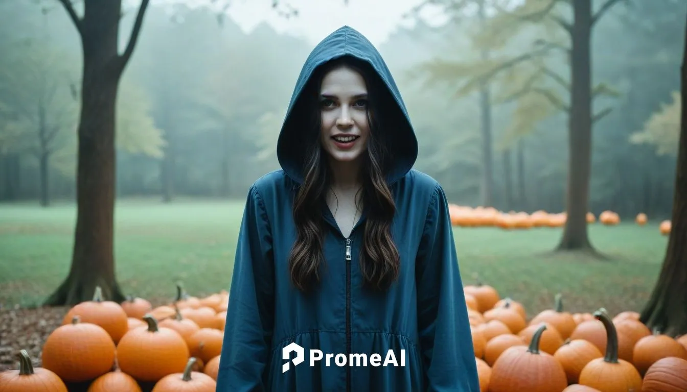 woman in blue hoodie standing among pumpkins,halloween background,halloween scene,scary woman,kirdyapkin,halloween wallpaper,halloween and horror