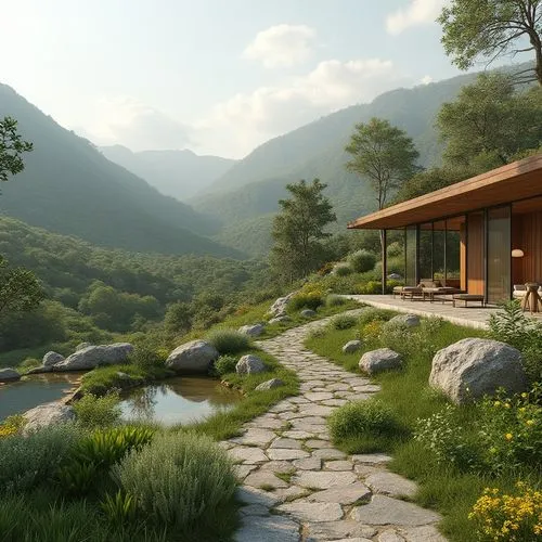 house in the mountains,house in mountains,the cabin in the mountains,3d rendering,home landscape,teahouse,summer cottage,render,summer house,forest house,grass roof,amanresorts,renderings,mountain huts,alpine landscape,beautiful home,3d render,house in the forest,landscaped,chalet,Photography,General,Realistic