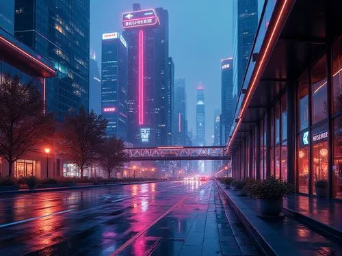 Vibrant urban landscape, bold color schemes, contrasting hues, harmonious palettes, architectural landmarks, modern skyscrapers, sleek glass facades, neon lights, LED installations, dynamic shadows, w