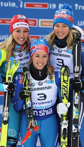 . Race winner Mikaela Shiffrin (C) of the United States of America celebrates with second placed Michaela Kirchgasser (R) of Austria and third placed Frida Hansdotter (R) of Sweden at the medal ceremo