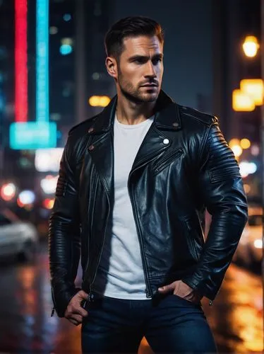 James Talion, muscular man, 35yo, strong facial features, short brown hair, blue eyes, sharp jawline, casual wear, black leather jacket, white T-shirt, dark jeans, boots, standing, city street, night 