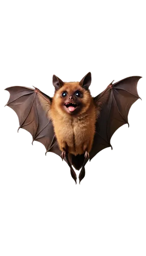 Brown bat, wings spread wide, flying pose, furry body, big round eyes, sharp teeth, dark brown fur, nocturnal creature, solo, close-up shot, soft focus, warm lighting, cinematic composition, high cont