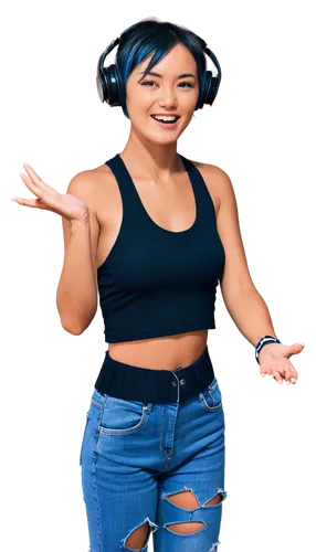 DJ console, futuristic neon lights, headphones, Asian girl, short blue hair, black tank top, ripped denim shorts, sneakers, energetic pose, one hand on controller, other hand raised in air, dynamic mo