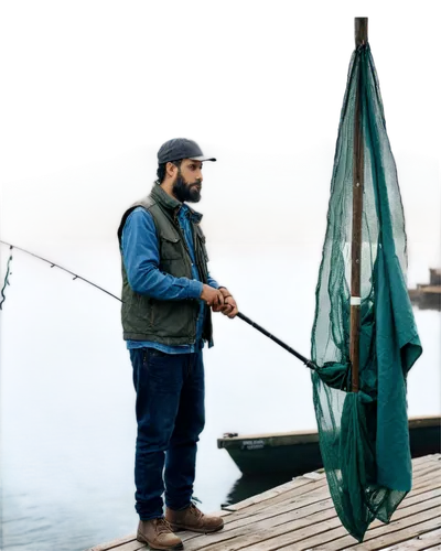 Fishery photo, fisherman, rugged beard, worn clothing, fishing rod, net in hand, standing on dock, wooden planks, sea behind, morning mist, warm sunlight, shallow depth of field, realistic texture, ci