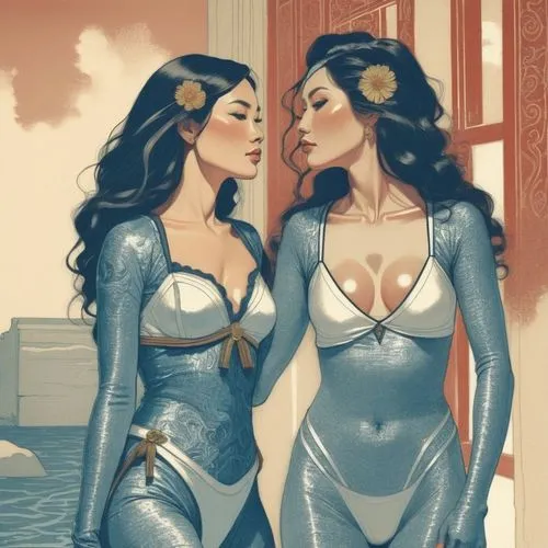 Line drawing of anude woman,two women dressed in costumes one is kissing the other,themyscira,superheroines,catsuits,reinas,chicanas,mirror image,Illustration,Vector,Vector 03