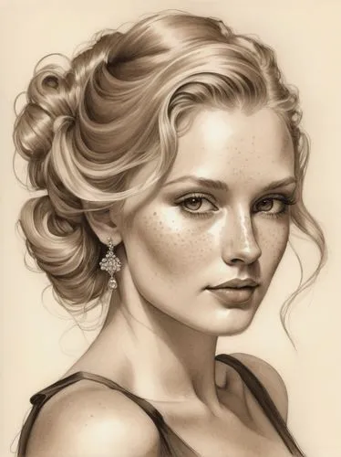 updo,girl portrait,fashion illustration,girl drawing,digital painting,vintage drawing,woman portrait,romantic portrait,sepia,charcoal pencil,pencil drawings,charcoal drawing,chignon,vintage female portrait,young woman,blonde woman,pencil drawing,portrait of a girl,female model,vintage woman,Illustration,Paper based,Paper Based 17