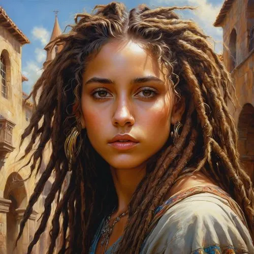 fantasy portrait,dreadlocks,mystical portrait of a girl,romantic portrait,girl portrait,fantasy art,girl in a historic way,world digital painting,artemisia,african american woman,woman of straw,oil painting,african woman,boho art,young woman,oil painting on canvas,woman portrait,argan,portrait of a girl,ancient egyptian girl,Photography,Documentary Photography,Documentary Photography 37